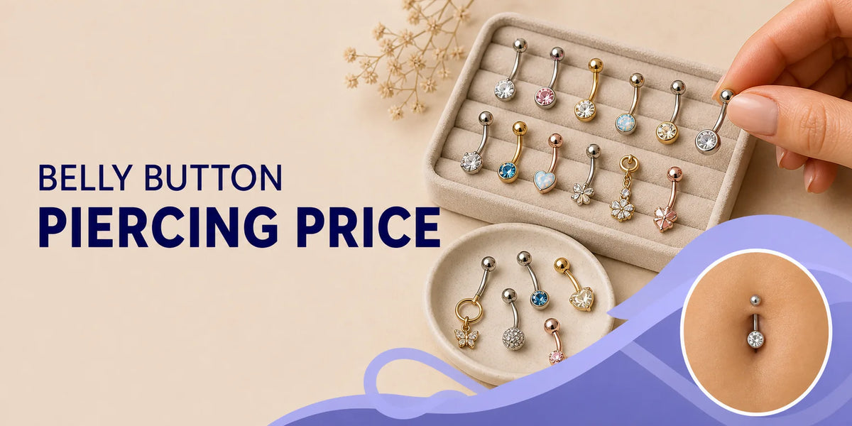 Belly button piercing price guide banner with gold and gem navel jewelry