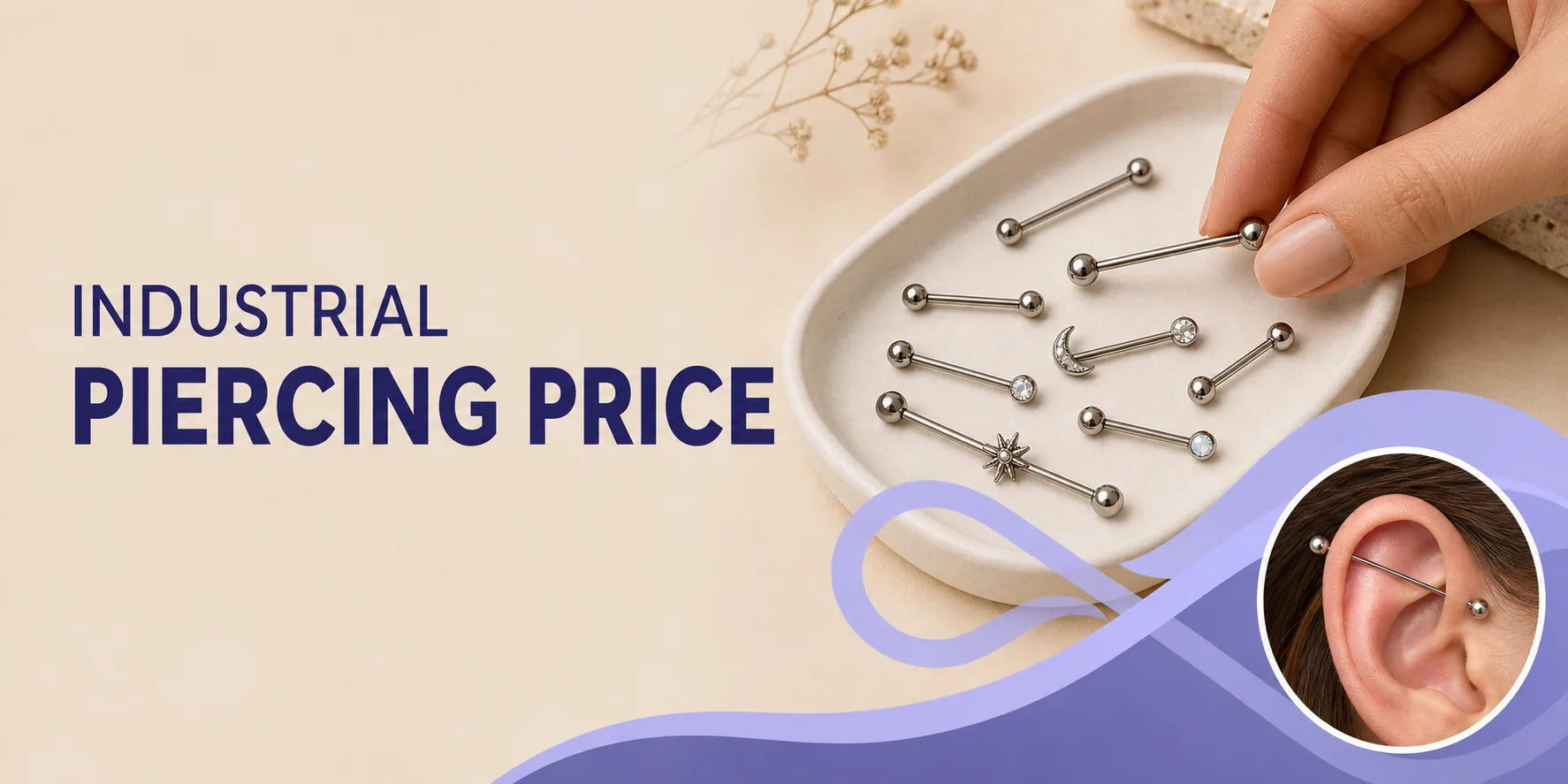 Industrial piercing barbell jewelry on an ear, a price guide banner