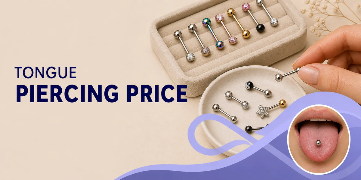 Tongue piercing price guide banner for Infinite Piercing
